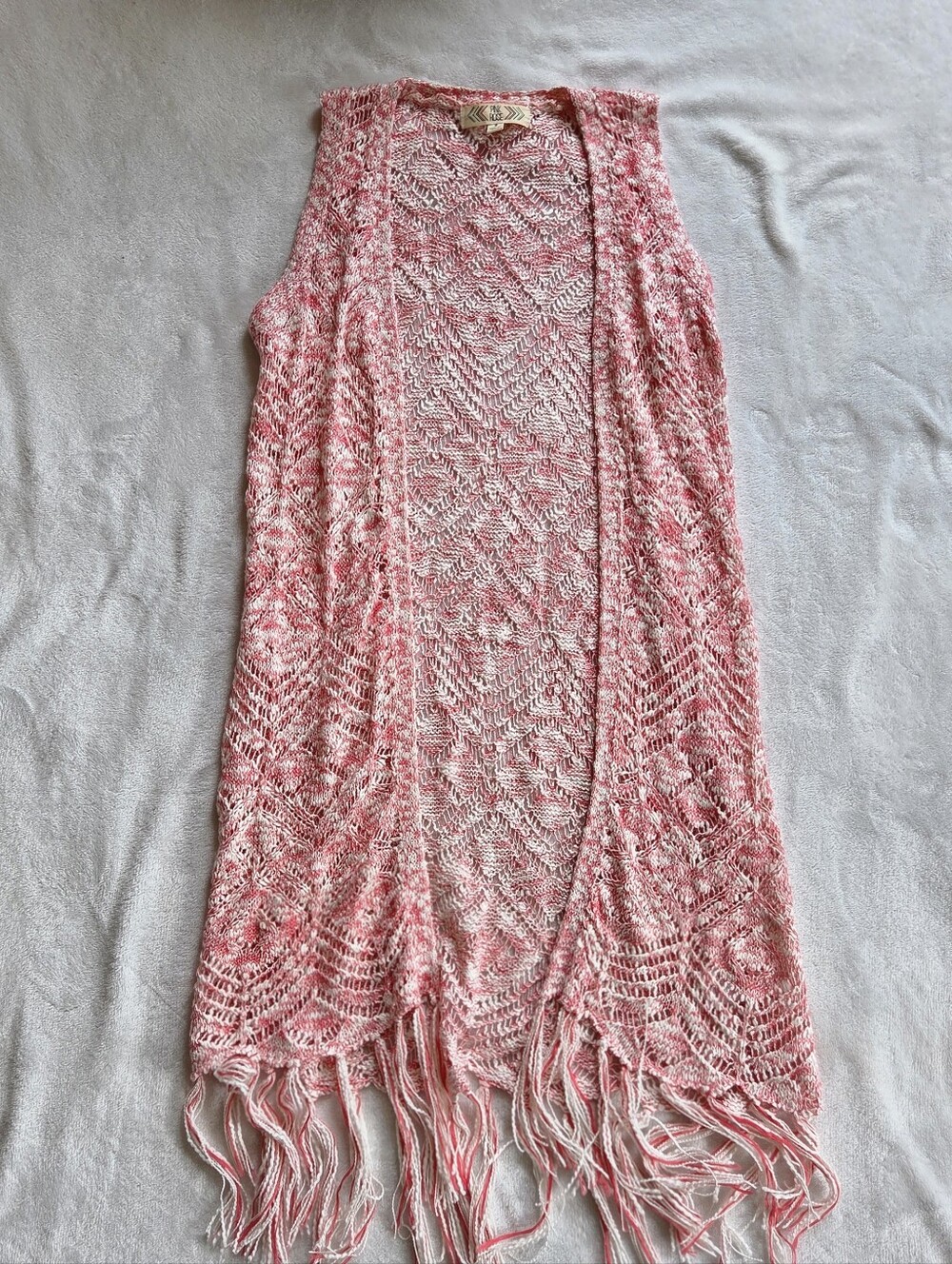 Fringed Boho Flowy Knit Open Front Vest - Pink & Cream